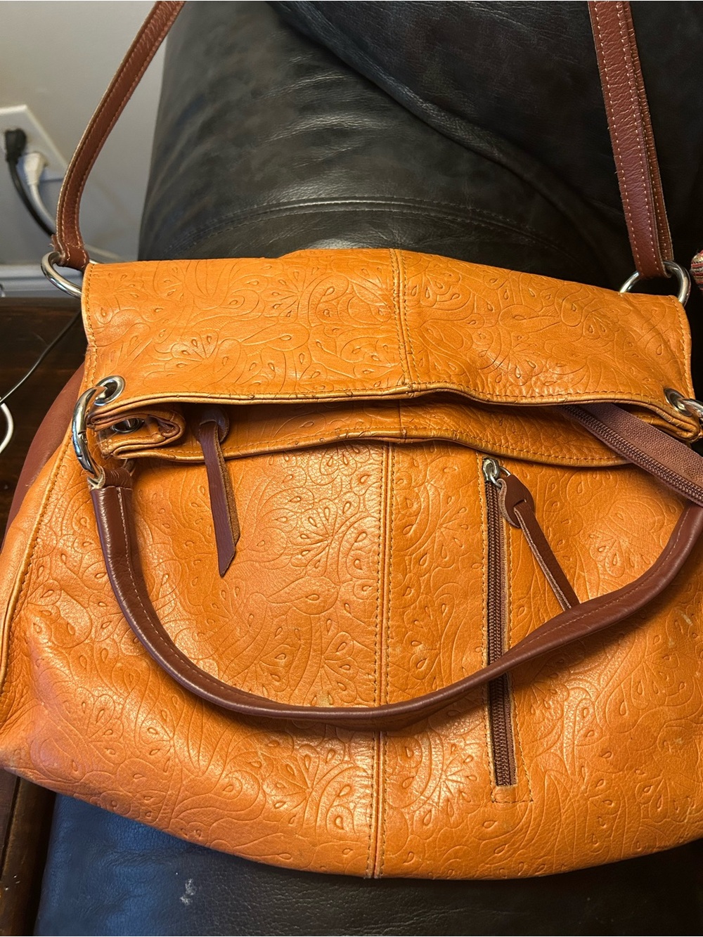 Tan Embossed Leather Crossbody Bag - Choc Brown Trim